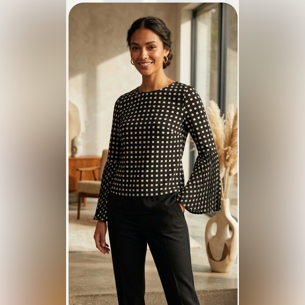 Beatrice B Geometric Print Pleated Bell Sleeves Top Size 12